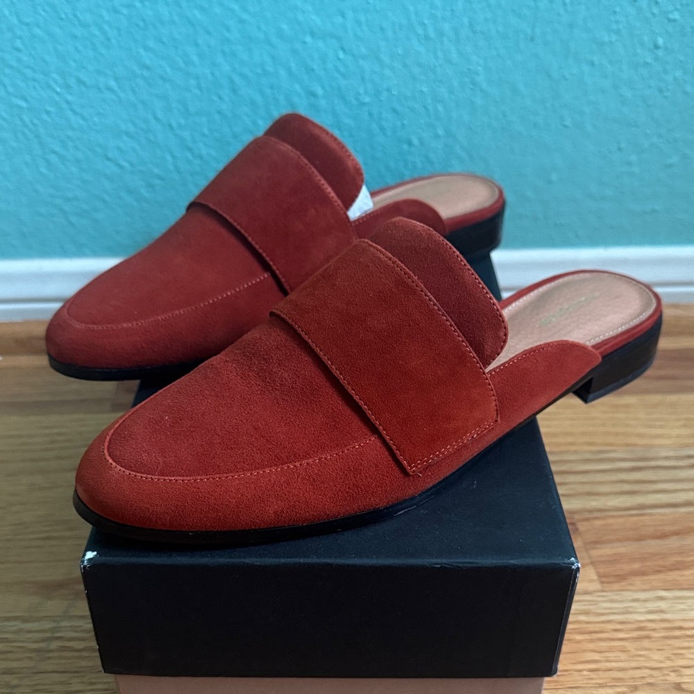 Halogen Suede Backless Loafers in Rust